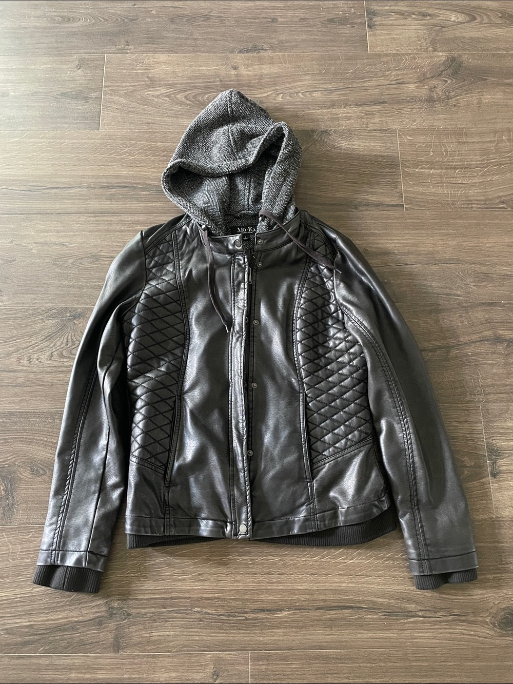 Women’s Mo-Ka Hooded Faux Leather Black Bomber Jacket, Size Small